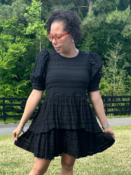 English Factory Dresses & Skirts - English Factory Black Textured Tiered Puff Sleeve Mini Dress Medium Romantic